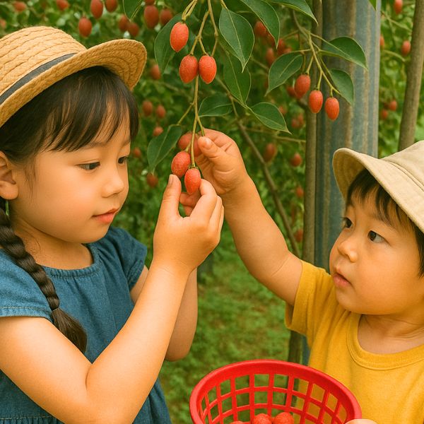 夢感動ファームのグミの実を子供達が収穫している様子